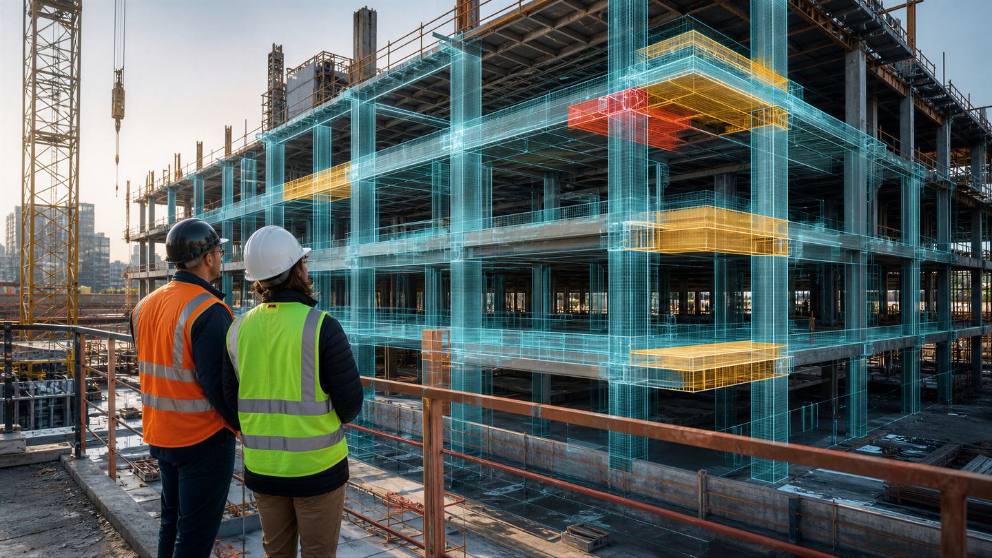 Engenheiros observando o modelo estrutural digital sobre uma obra em construção